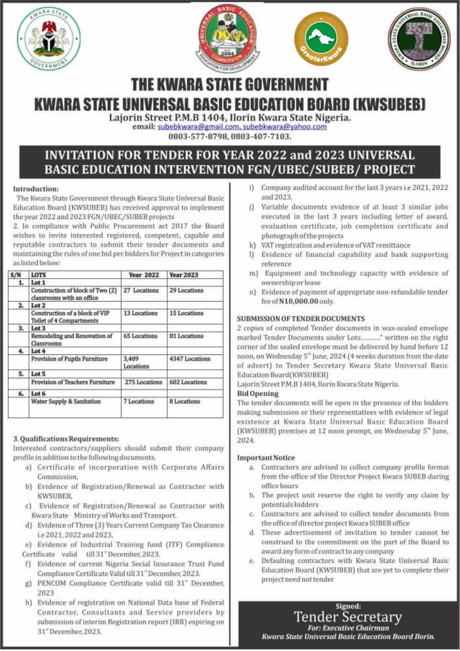 Kwara State Announces Bidding for N2022 and 2023 FGN/UBEC/SUBEB Projects